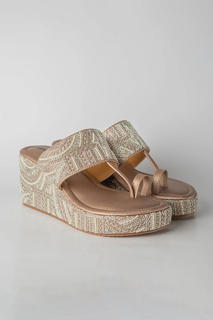 Champagne Gold Artificial Leather Hand Embroidered Wedges by September at Pernia's Pop Up Shop
