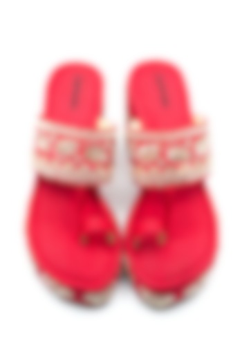 Red Artificial Leather Hand Embroidered Platform Wedges by September at Pernia's Pop Up Shop