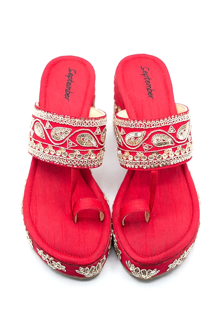 Red Artificial Leather Hand Embroidered Platform Wedges by September at Pernia's Pop Up Shop