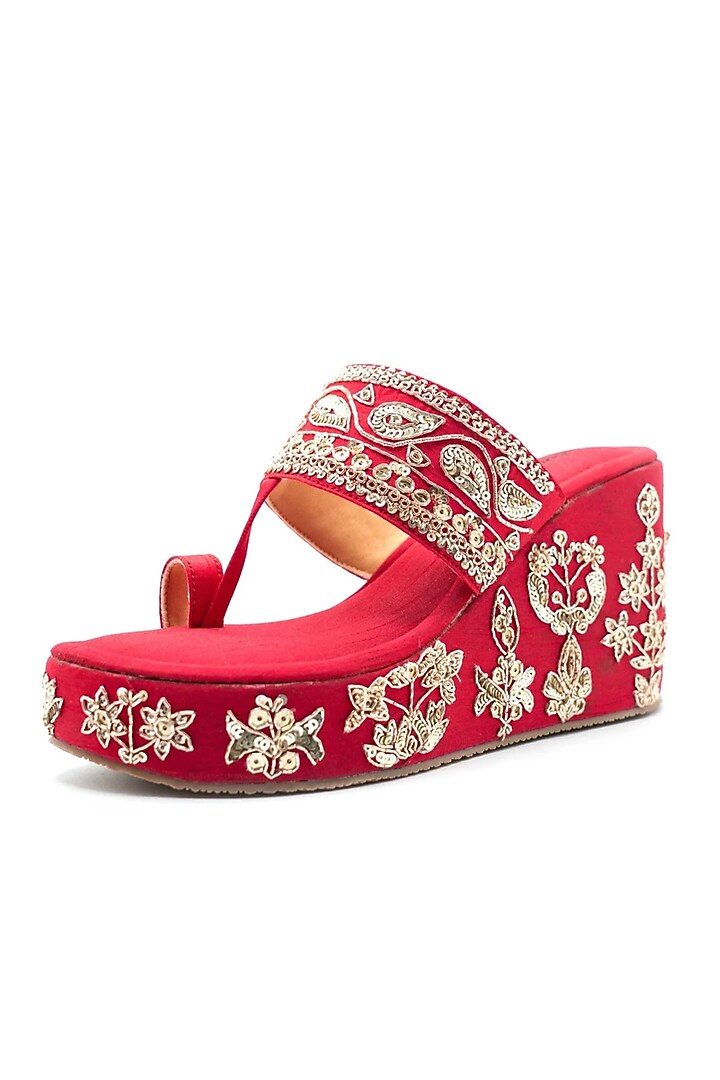 Red Artificial Leather Hand Embroidered Platform Wedges by September at Pernia's Pop Up Shop