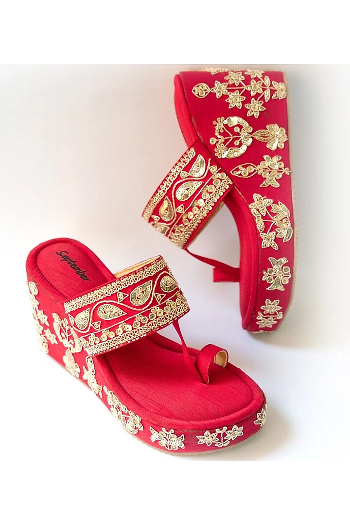 Red Artificial Leather Hand Embroidered Platform Wedges by September at Pernia's Pop Up Shop
