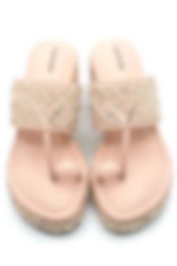 Pastel Peach Artificial Leather Sequins Embroidered Wedges by September at Pernia's Pop Up Shop