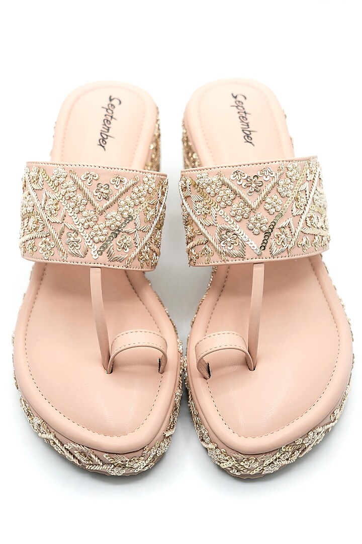 Pastel Peach Artificial Leather Sequins Embroidered Wedges by September at Pernia's Pop Up Shop