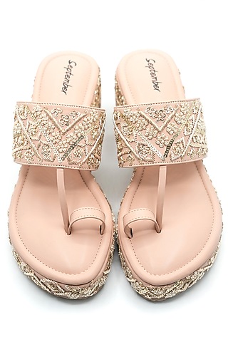 Pastel Peach Artificial Leather Sequins Embroidered Wedges by September