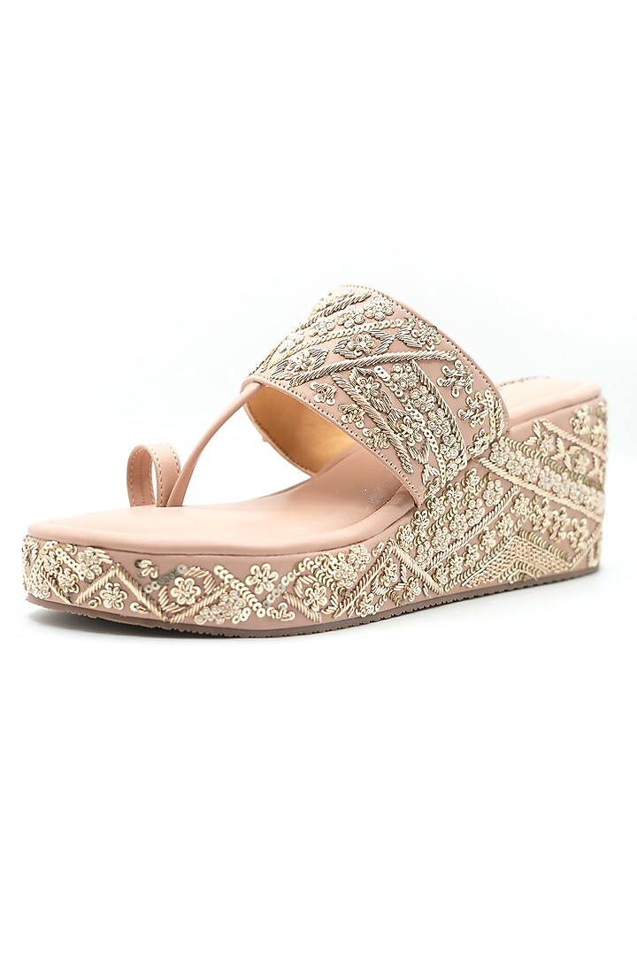 Pastel Peach Artificial Leather Sequins Embroidered Wedges by September at Pernia's Pop Up Shop