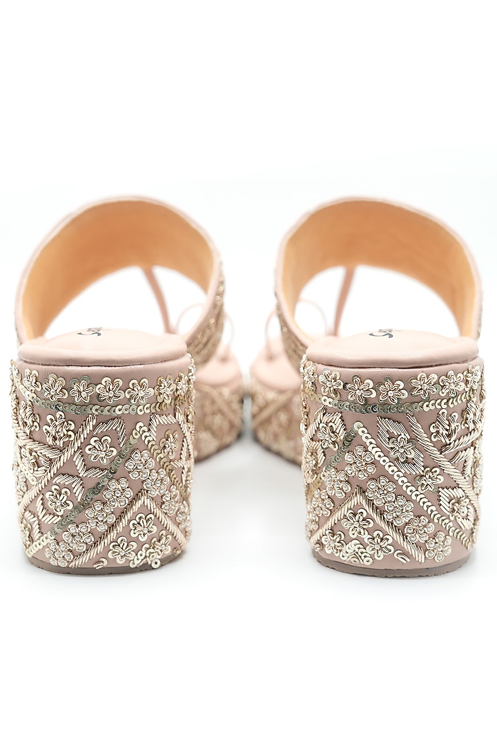 Pastel Peach Artificial Leather Sequins Embroidered Wedges by September at Pernia's Pop Up Shop