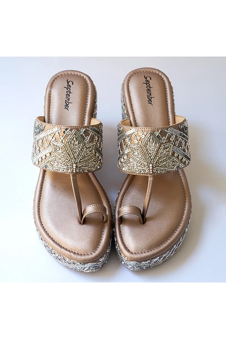 Rose Gold Artificial Leather Sequins Embroidered Platform Wedges by September at Pernia's Pop Up Shop