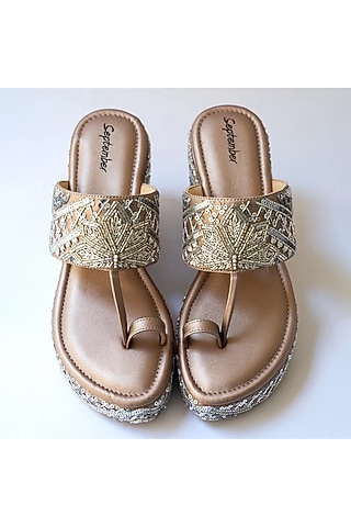 Rose Gold Artificial Leather Sequins Embroidered Platform Wedges by September