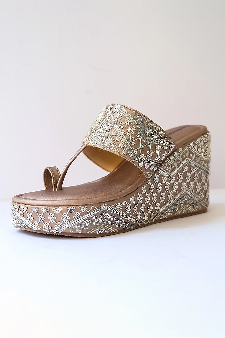 Rose Gold Artificial Leather Sequins Embroidered Platform Wedges by September at Pernia's Pop Up Shop