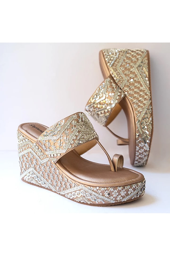 Rose Gold Artificial Leather Sequins Embroidered Platform Wedges by September at Pernia's Pop Up Shop