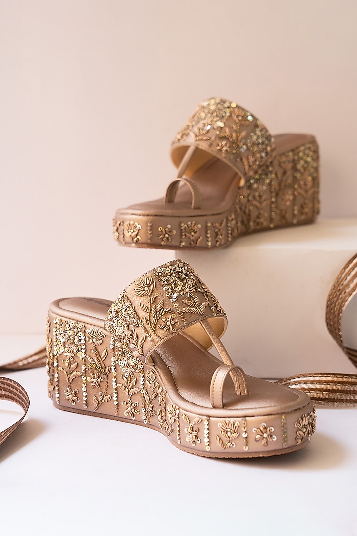 Rose Gold Artificial Leather Hand Embroidered Platform Wedges by September at Pernia's Pop Up Shop