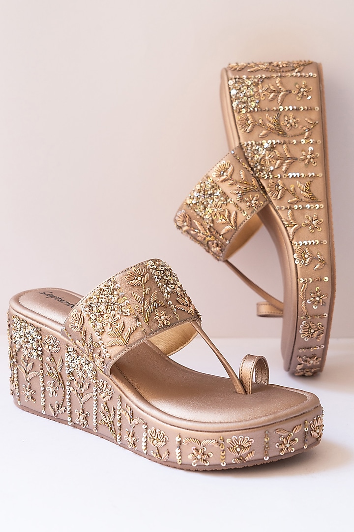 Rose Gold Artificial Leather Hand Embroidered Platform Wedges by September at Pernia's Pop Up Shop