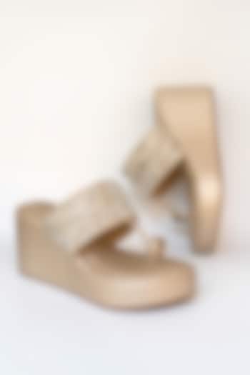 Champagne Gold Artificial Leather Embroidered Wedges by September at Pernia's Pop Up Shop