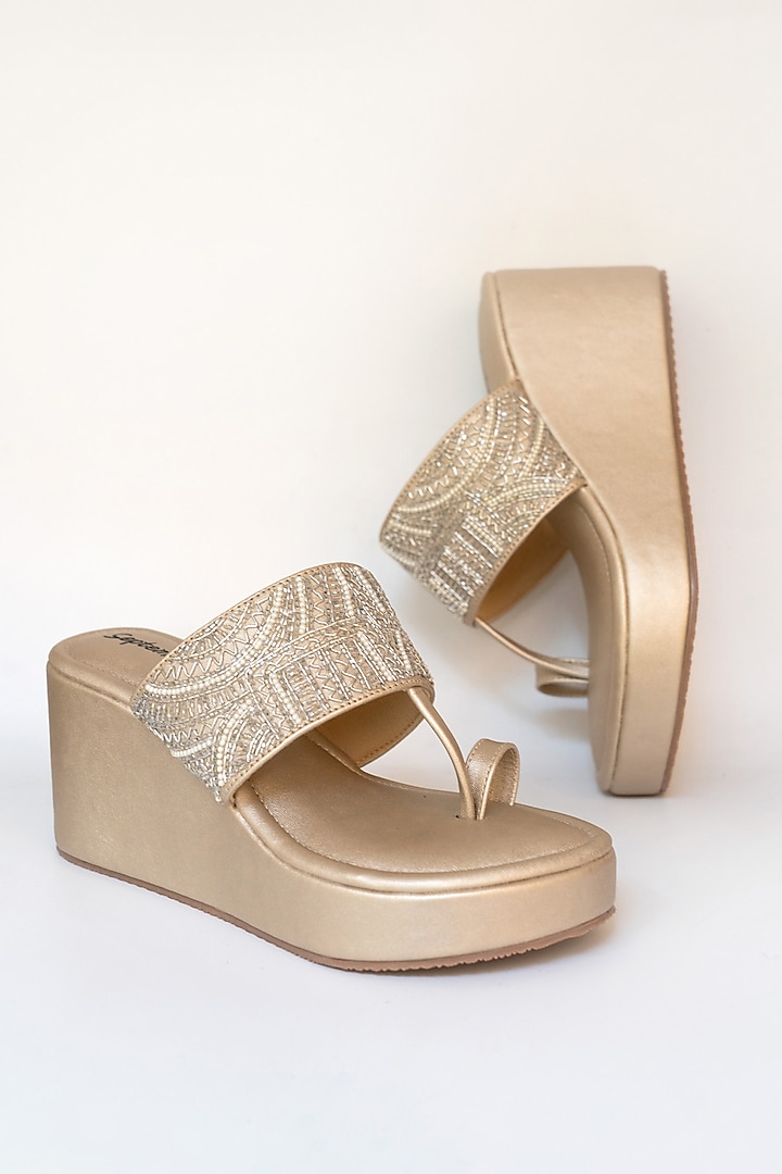 Champagne Gold Artificial Leather Embroidered Wedges by September at Pernia's Pop Up Shop