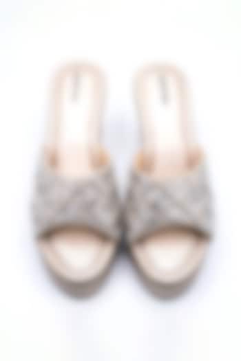 Champagne Gold Artificial Leather Sequins Embroidered Block Heels by September at Pernia's Pop Up Shop