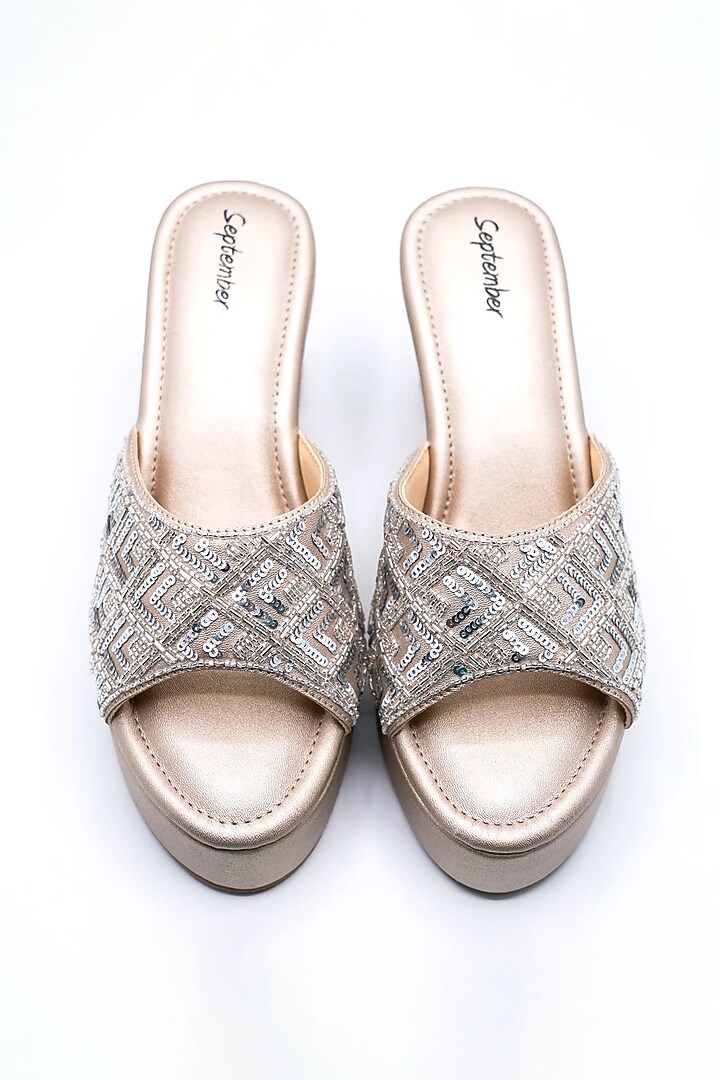 Champagne Gold Artificial Leather Sequins Embroidered Block Heels by September at Pernia's Pop Up Shop