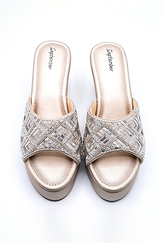 Champagne Gold Artificial Leather Sequins Embroidered Block Heels by September