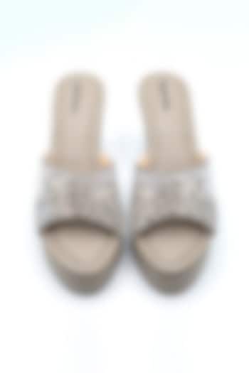 Cement Grey Artificial Leather Thread Embroidered Block Heels by September at Pernia's Pop Up Shop