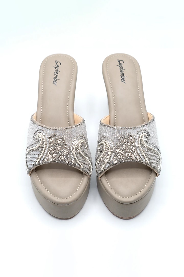 Cement Grey Artificial Leather Thread Embroidered Block Heels by September at Pernia's Pop Up Shop