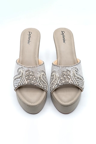 Cement Grey Artificial Leather Thread Embroidered Block Heels by September