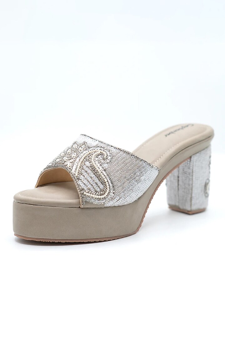 Cement Grey Artificial Leather Thread Embroidered Block Heels by September at Pernia's Pop Up Shop