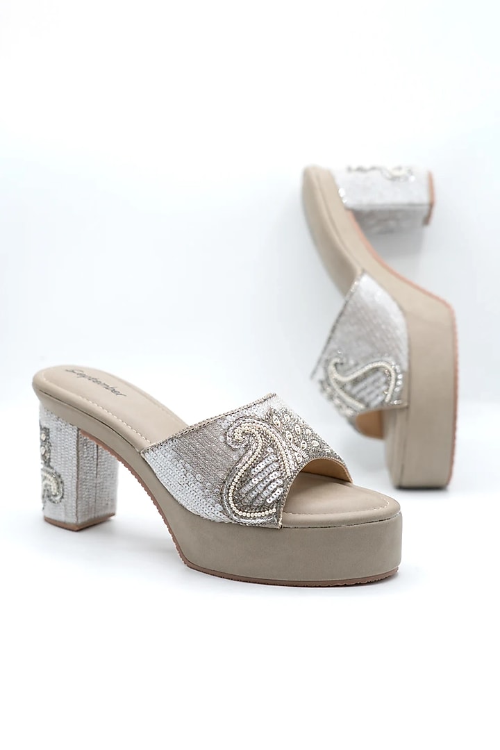 Cement Grey Artificial Leather Thread Embroidered Block Heels by September at Pernia's Pop Up Shop