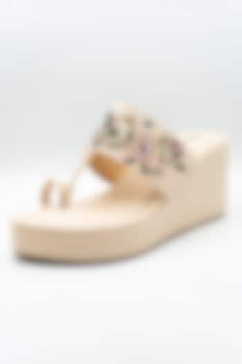 Cream Artificial Leather Thread Embroidered Platform Wedges by September at Pernia's Pop Up Shop