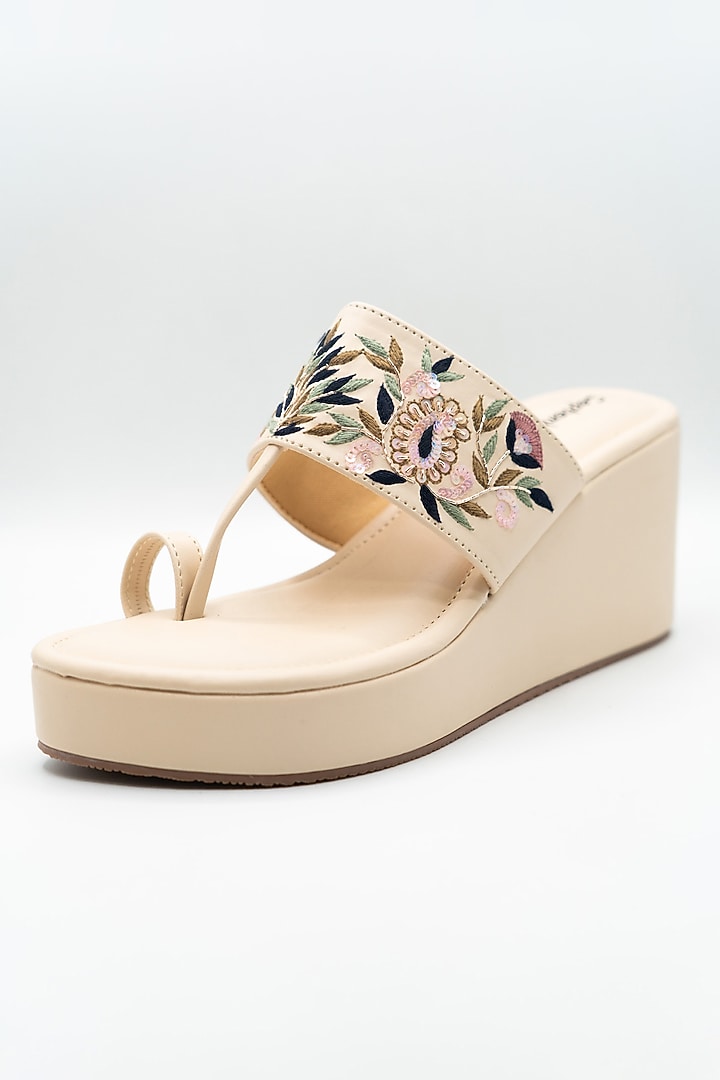 Cream Artificial Leather Thread Embroidered Platform Wedges by September at Pernia's Pop Up Shop