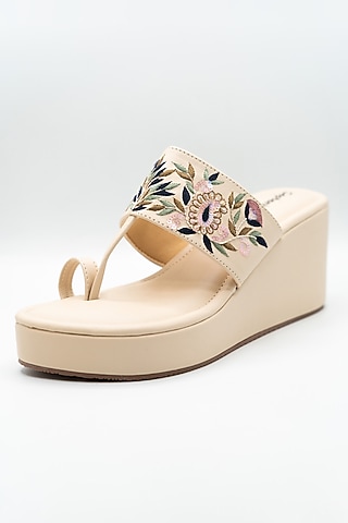 Cream Artificial Leather Thread Embroidered Platform Wedges by September