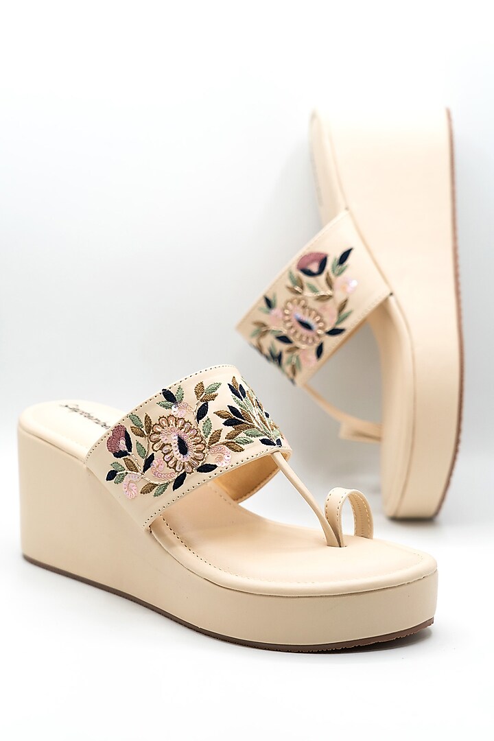 Cream Artificial Leather Thread Embroidered Platform Wedges by September at Pernia's Pop Up Shop
