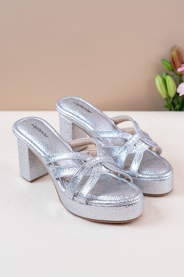 Silver Artificial Leather Block Heels by September at Pernia's Pop Up Shop