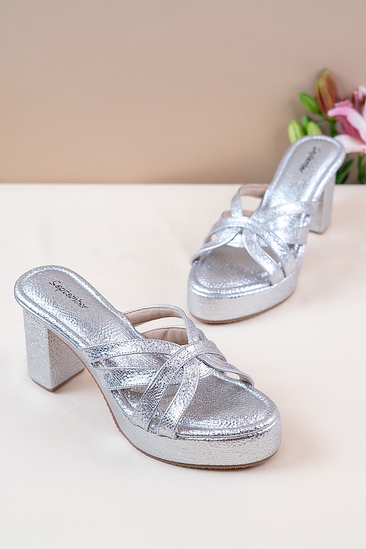 Silver Artificial Leather Block Heels by September at Pernia's Pop Up Shop