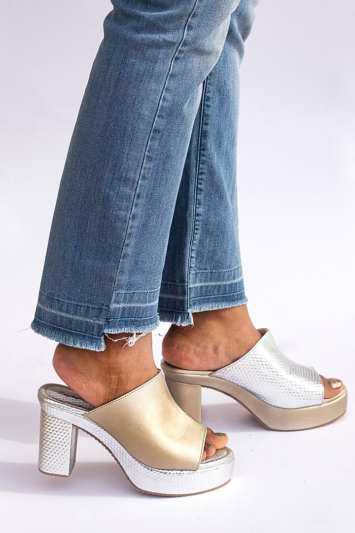 Silver & Champagne Gold Artificial Leather Block Heels by September at Pernia's Pop Up Shop