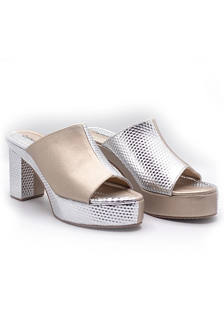 Silver & Champagne Gold Artificial Leather Block Heels by September at Pernia's Pop Up Shop
