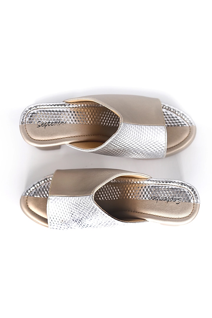 Silver & Champagne Gold Artificial Leather Block Heels by September at Pernia's Pop Up Shop