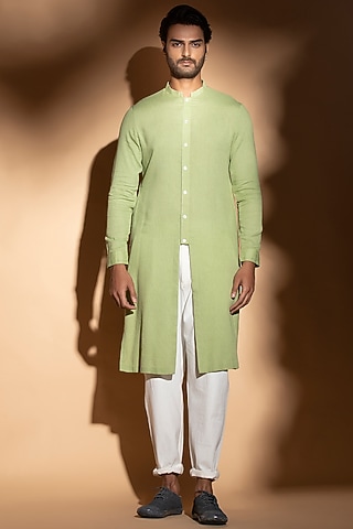 Lime Green Cotton Button Down Kurta by STUDIO ERROR MEN