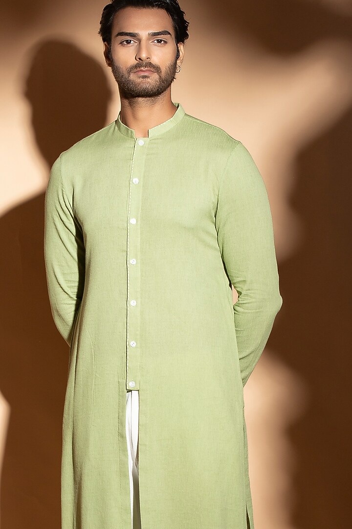 Lime Green Cotton Button Down Kurta by STUDIO ERROR MEN at Pernia's Pop Up Shop