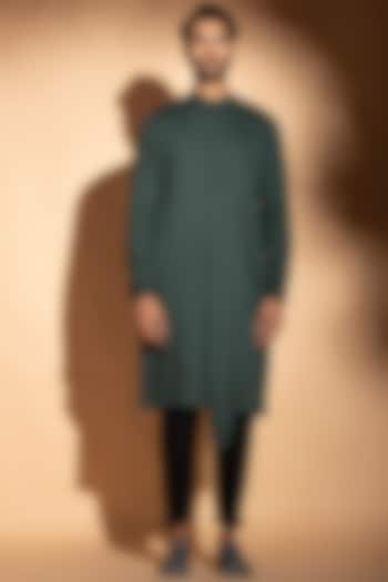 Teal Blue Band Collar Layered Kurta by STUDIO ERROR MEN