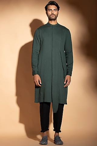 Teal Blue Band Collar Layered Kurta by STUDIO ERROR MEN