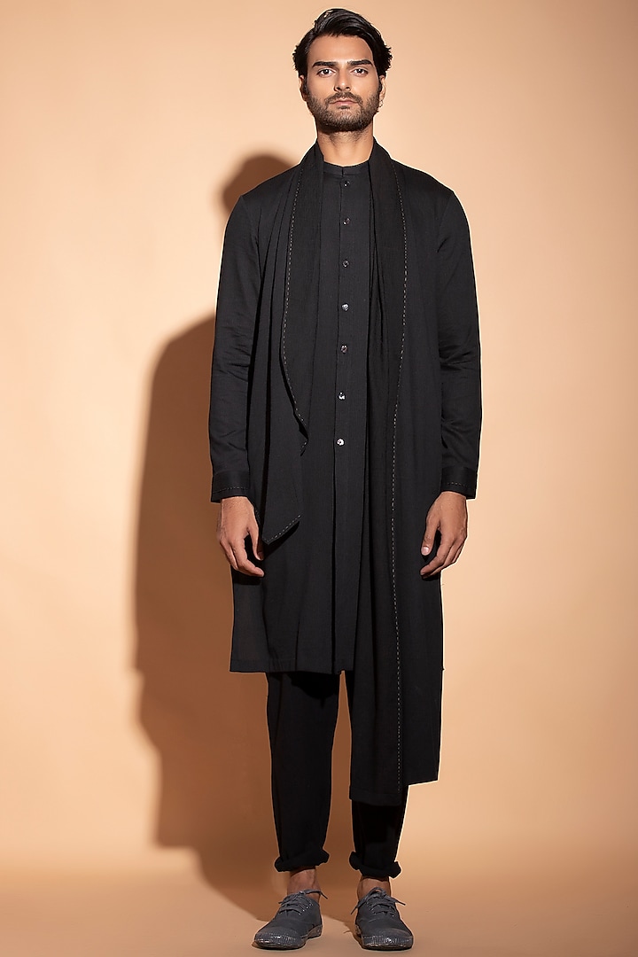 Black Kurta With Attached Drape by STUDIO ERROR MEN