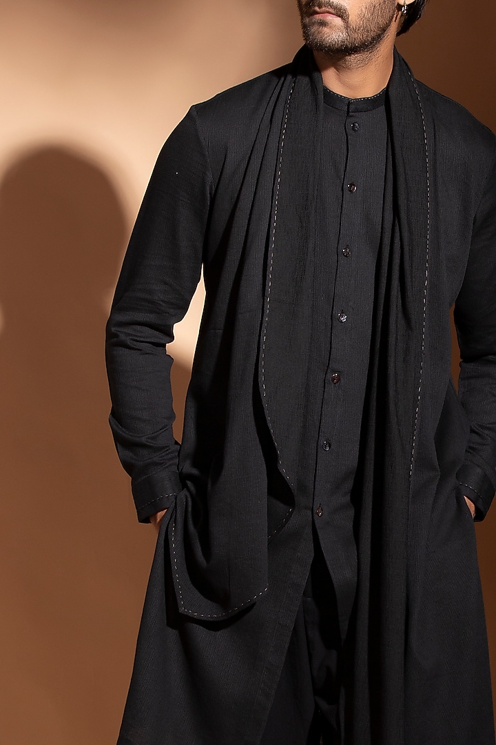 Black Kurta With Attached Drape by STUDIO ERROR MEN at Pernia's Pop Up Shop
