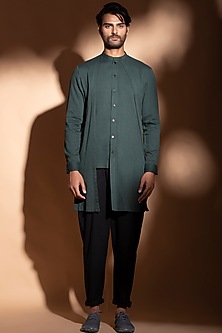 Teal Blue Band Collar Long Layered Shirt by STUDIO ERROR MEN