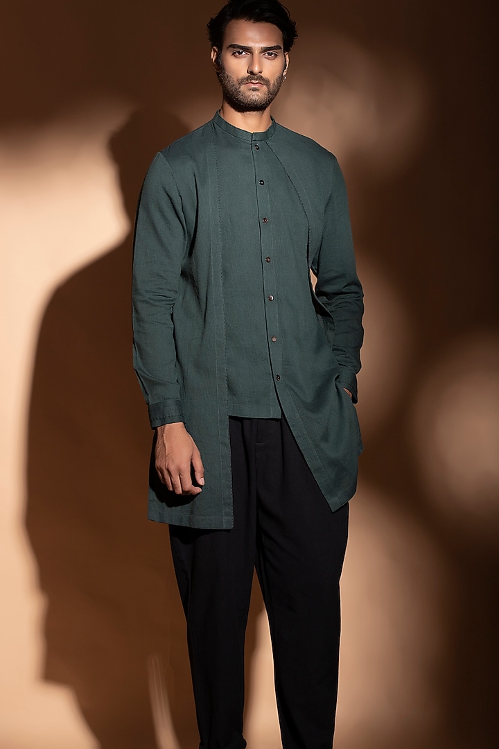 Teal Blue Band Collar Long Layered Party Wear Shirt by STUDIO ERROR MEN at Pernia's Pop Up Shop