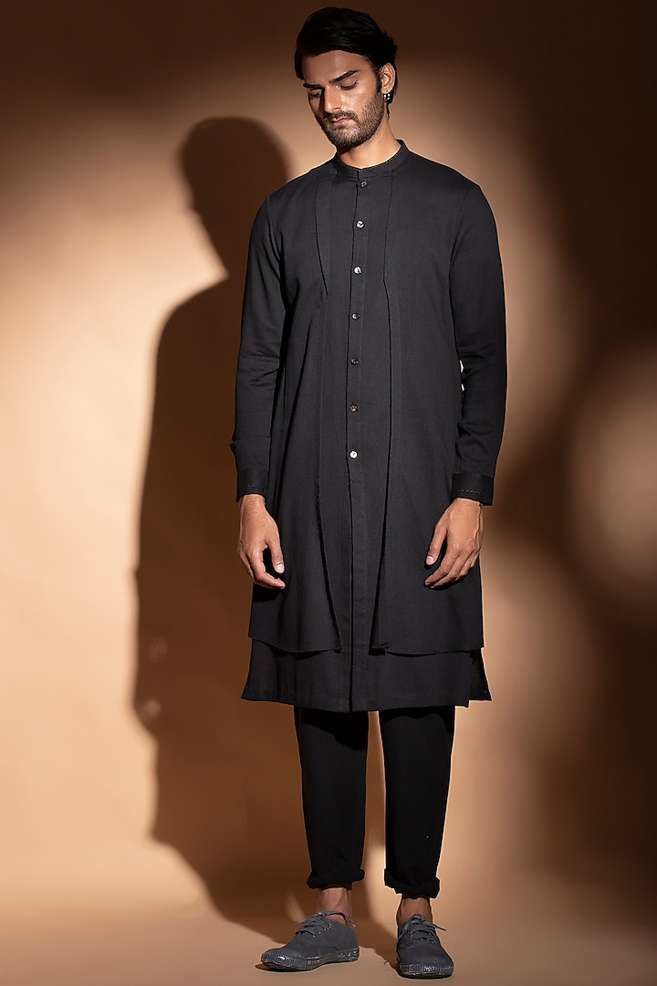 Black Long Double Layered Kurta by STUDIO ERROR MEN