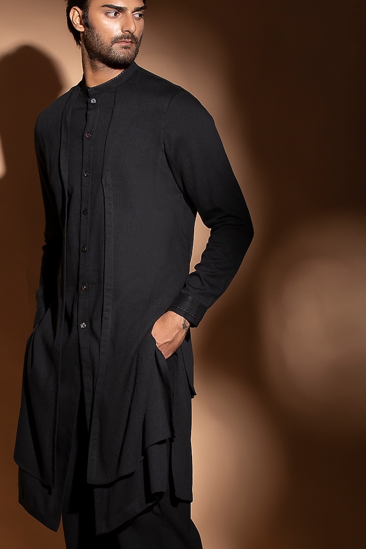 Black Long Double Layered Kurta by STUDIO ERROR MEN at Pernia's Pop Up Shop
