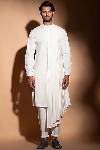 Off White Long Asymmetrical Pleated Kurta by STUDIO ERROR MEN