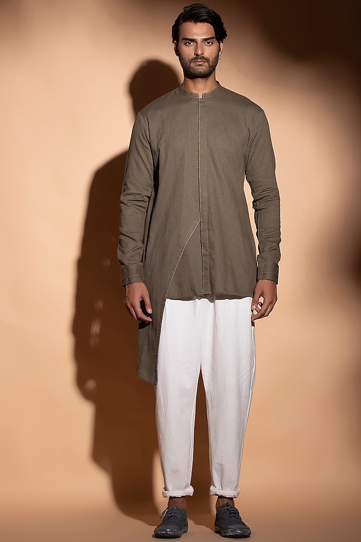 Brownish Grey Asymmetrical Shirt by STUDIO ERROR MEN