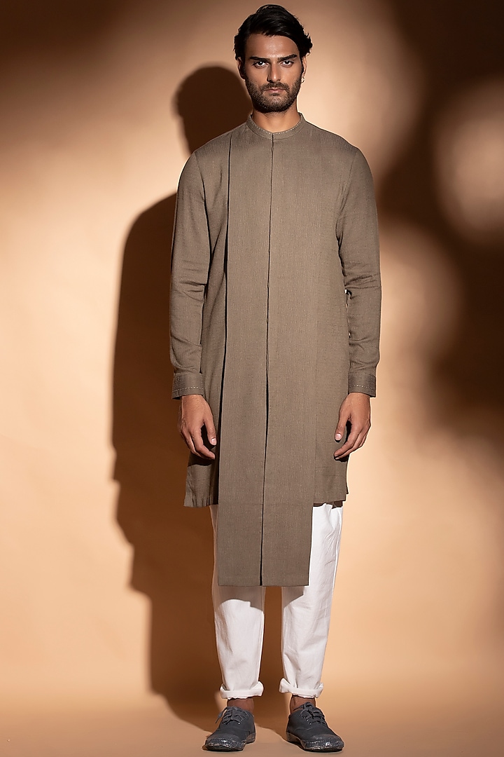 Brownish Grey Paneled Kurta by STUDIO ERROR MEN