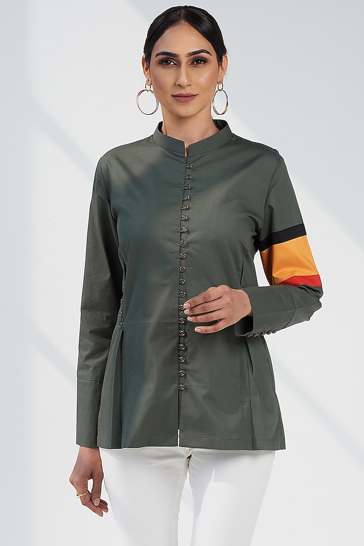 Green Cotton Satin Shirt by SEVENDC at Pernia's Pop Up Shop