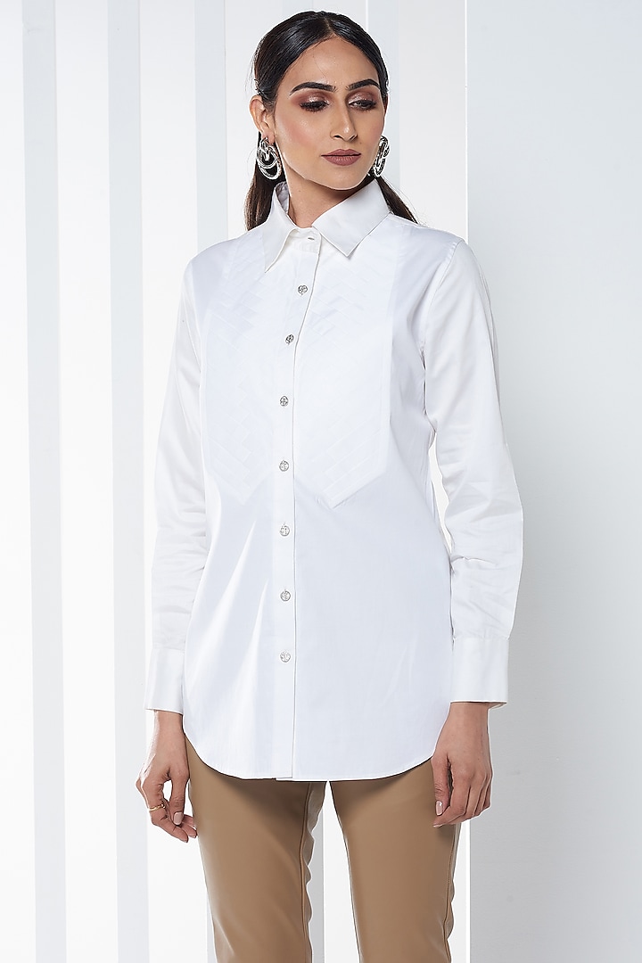 White Cotton Pleated Shirt by SEVENDC at Pernia's Pop Up Shop